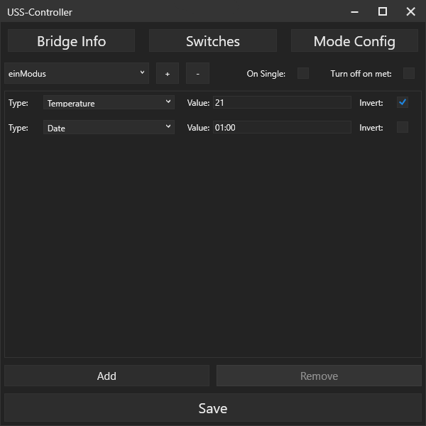 Client app with the mode configuration of a switch
