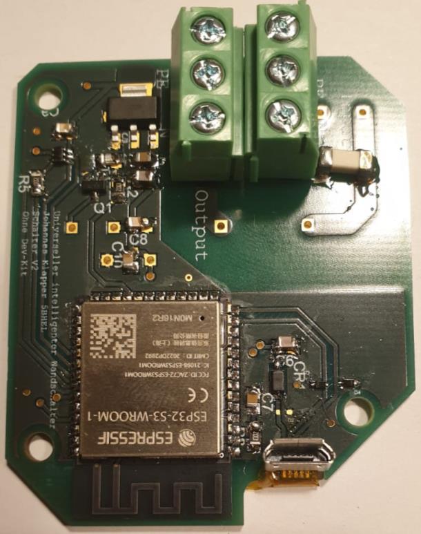 Assembled switch board with an ESP32-S3 module and screw terminals
