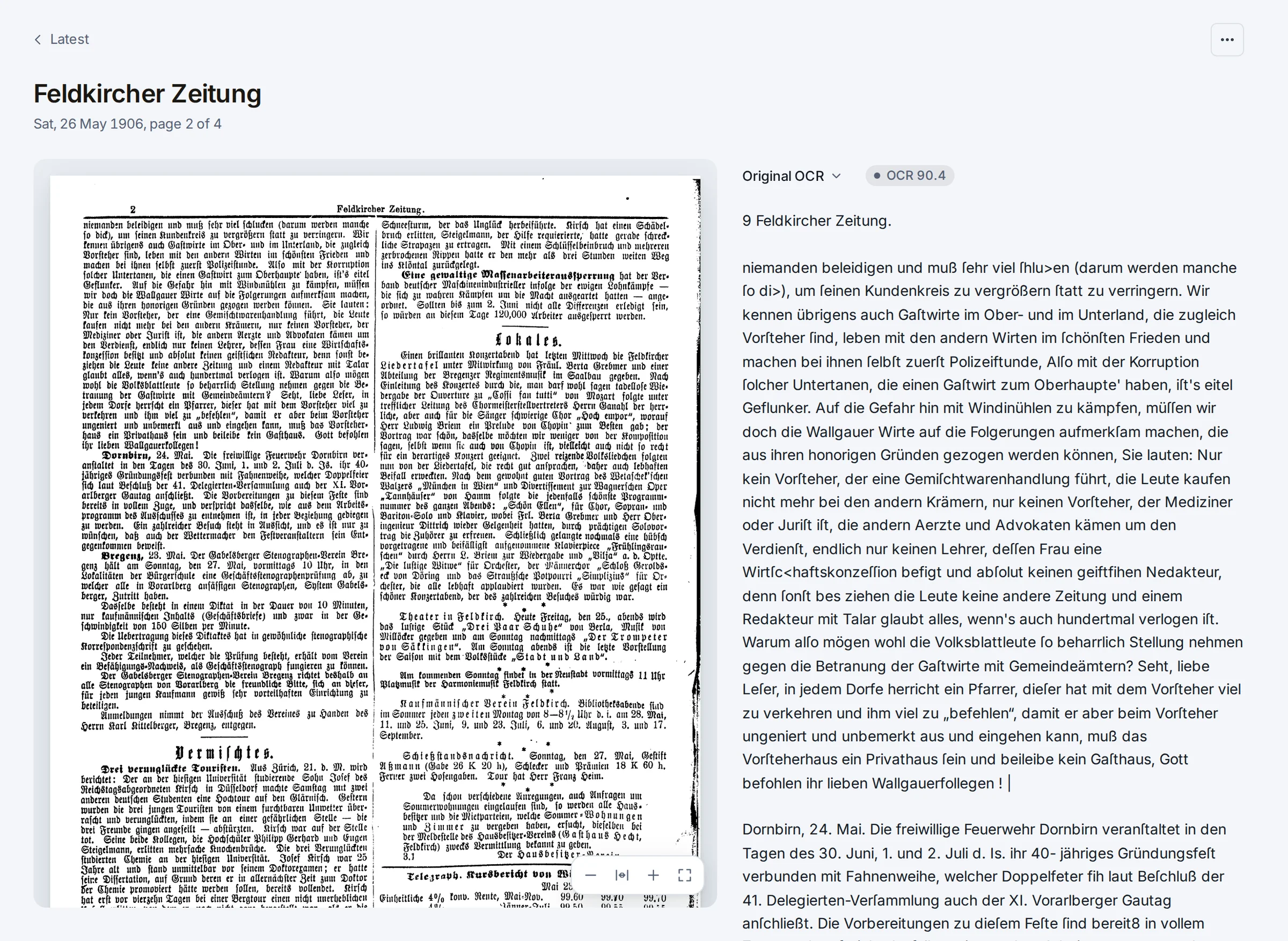 A page of the Feldkircher Zeitung from 26 May 1906, scan on the left and its text on the right