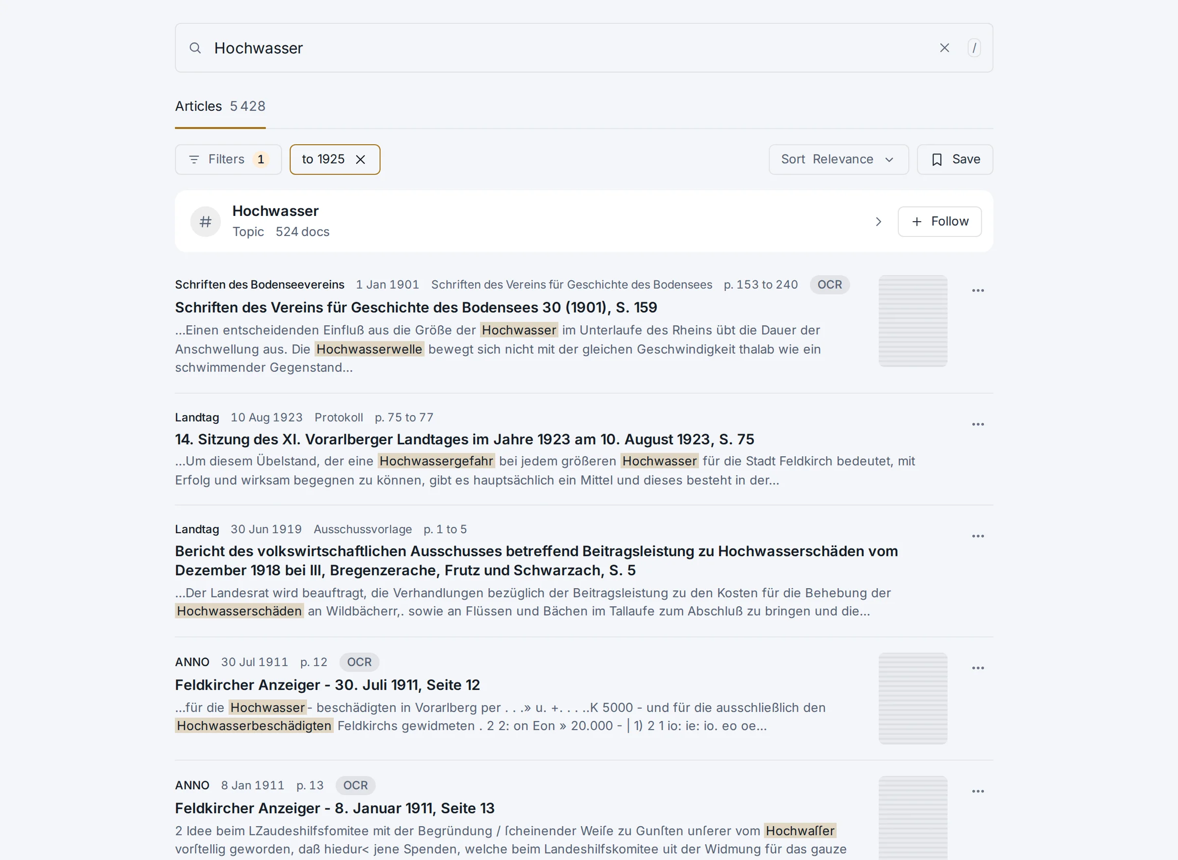 halbat search for Hochwasser up to 1925, hits from state parliament records and old papers