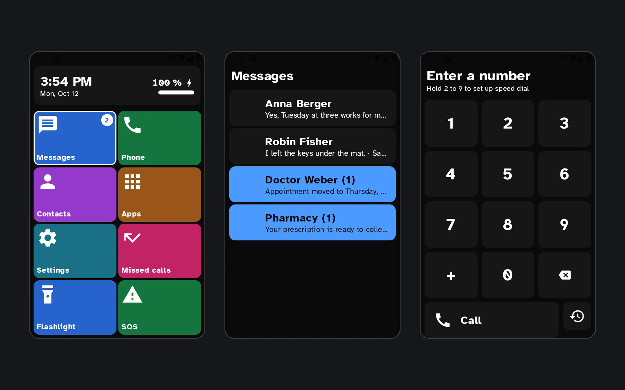 HomeTiles, Startbildschirm, Nachrichten und Telefon