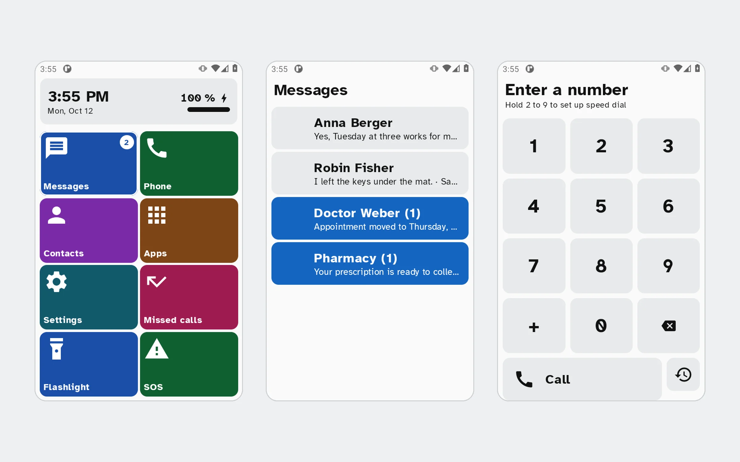 HomeTiles, Startbildschirm, Nachrichten und Telefon