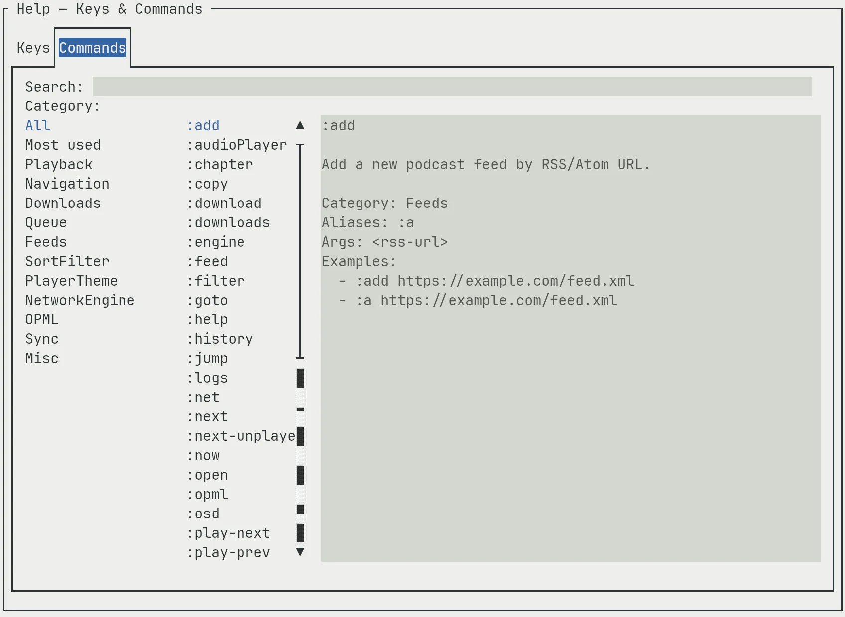 podliner built-in help with the list of commands